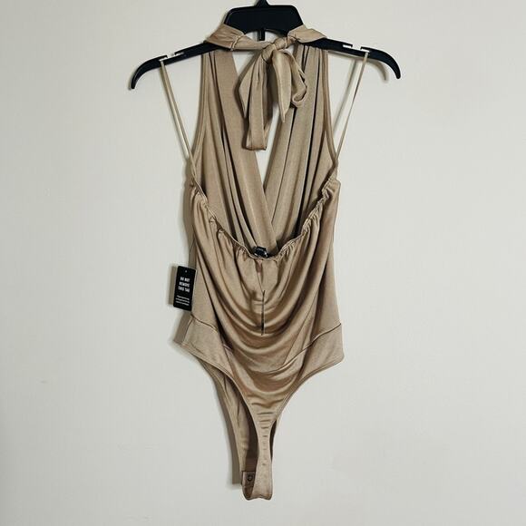 Express Shiny Halter Neck Wrap Front Bodysuit Thong Tan Gold Size M - Picture 3 of 6